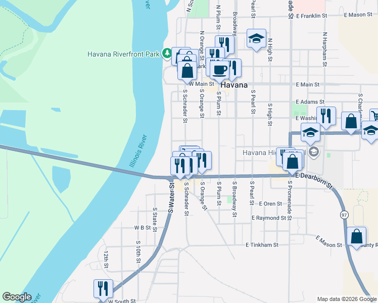 map of restaurants, bars, coffee shops, grocery stores, and more near 415 South Schrader Street in Havana