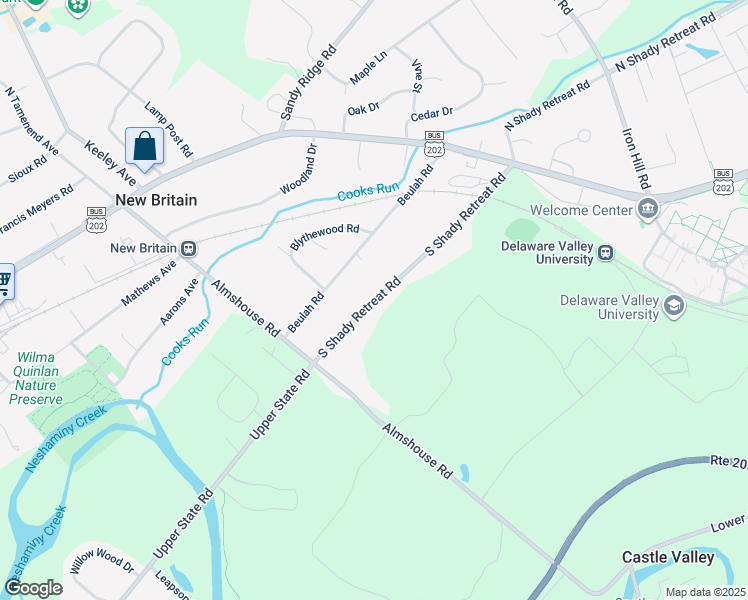 map of restaurants, bars, coffee shops, grocery stores, and more near 190 South Shady Retreat Road in Doylestown