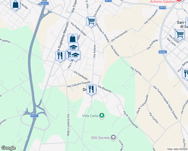 map of restaurants, bars, coffee shops, grocery stores, and more near 21 Via Beniamino Panzera in Lequile