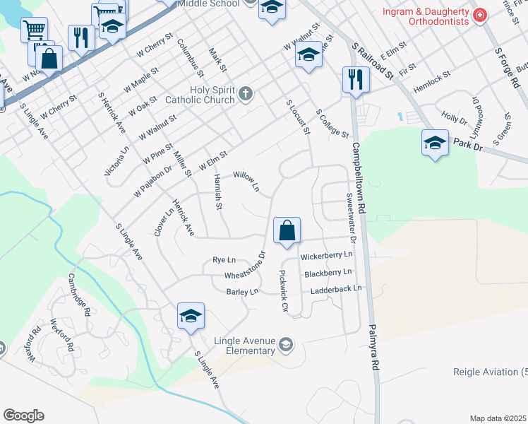 map of restaurants, bars, coffee shops, grocery stores, and more near 640 Wheatstone Drive in Palmyra