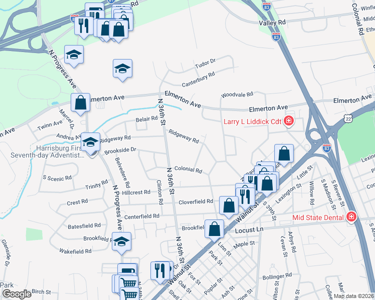 map of restaurants, bars, coffee shops, grocery stores, and more near Brookridge Terrace in Harrisburg