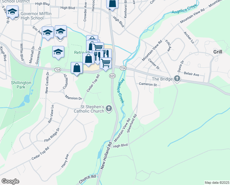 map of restaurants, bars, coffee shops, grocery stores, and more near 2152 New Holland Road in Reading