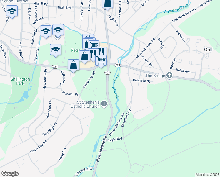 map of restaurants, bars, coffee shops, grocery stores, and more near 2152 New Holland Road in Reading