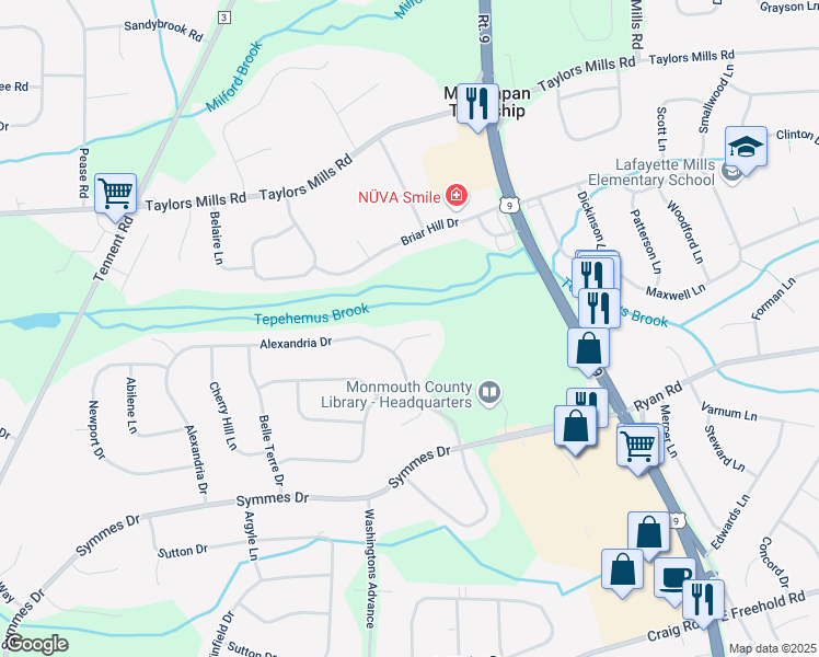 map of restaurants, bars, coffee shops, grocery stores, and more near 5 Fairfield Court in Manalapan Township