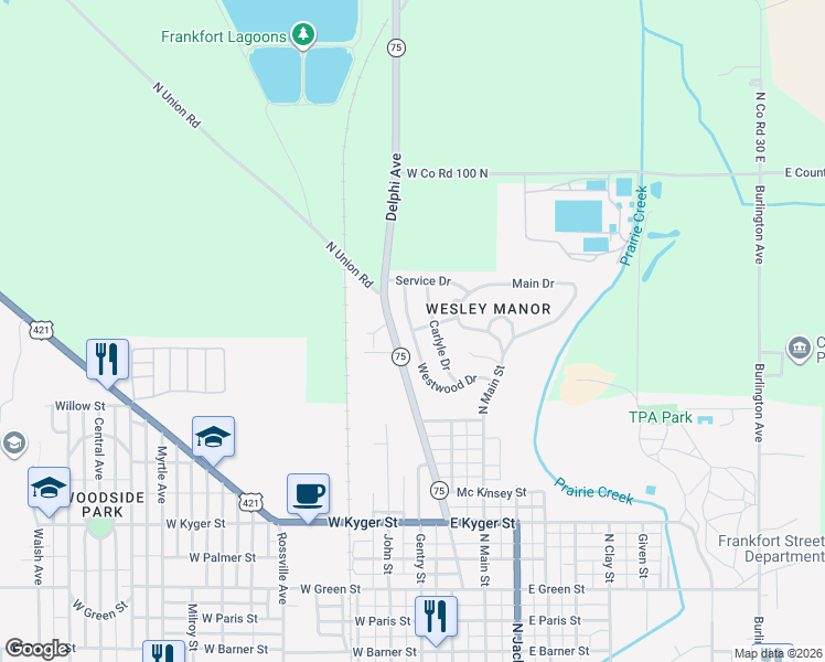 map of restaurants, bars, coffee shops, grocery stores, and more near Westwood Drive in Frankfort