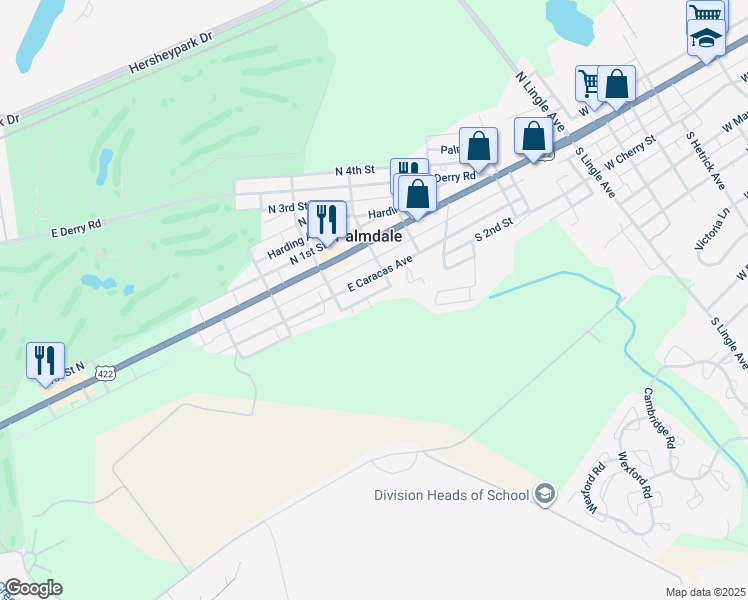 map of restaurants, bars, coffee shops, grocery stores, and more near 1350 Columbia Dr in Hershey