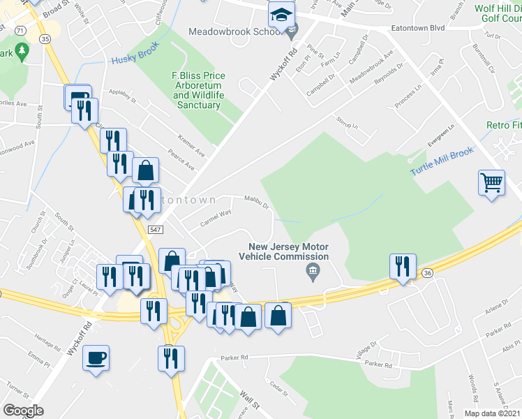 map of restaurants, bars, coffee shops, grocery stores, and more near 109 Malibu Drive in Eatontown