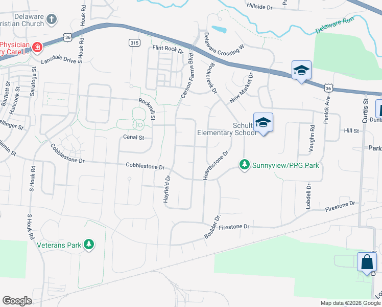 map of restaurants, bars, coffee shops, grocery stores, and more near 139 Granite Drive in Delaware