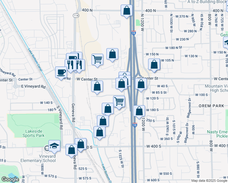 map of restaurants, bars, coffee shops, grocery stores, and more near 1386 West 130 South in Orem