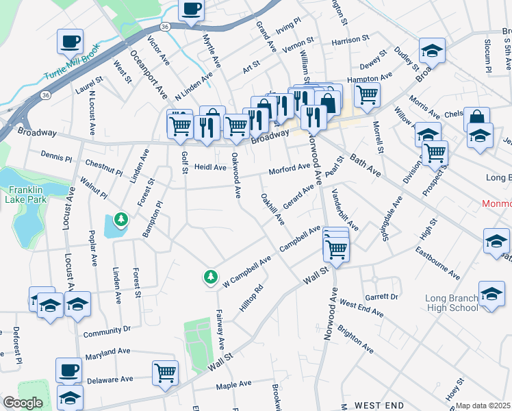 map of restaurants, bars, coffee shops, grocery stores, and more near 73 Oakwood Avenue in Long Branch