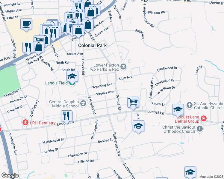 map of restaurants, bars, coffee shops, grocery stores, and more near 4925 Wyoming Avenue in Harrisburg