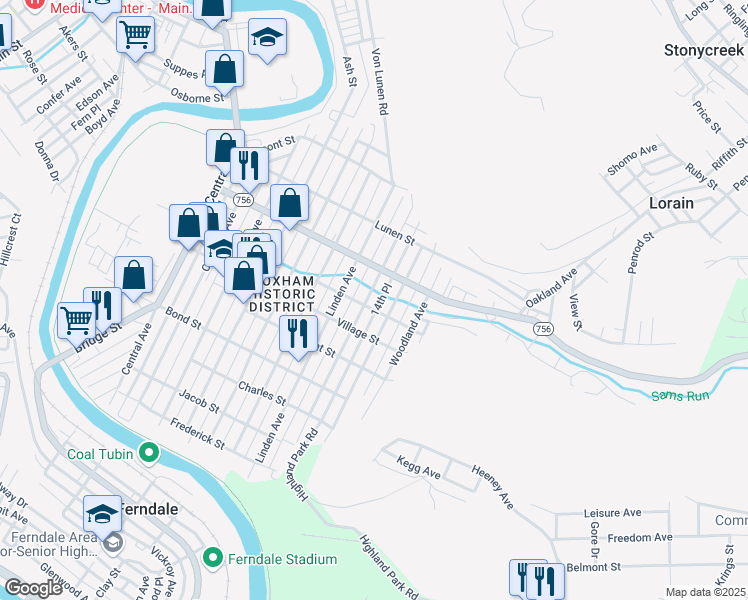 map of restaurants, bars, coffee shops, grocery stores, and more near 525 Forest Avenue in Johnstown