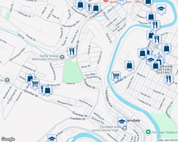 map of restaurants, bars, coffee shops, grocery stores, and more near 100-198 Rutledge Alley in Johnstown