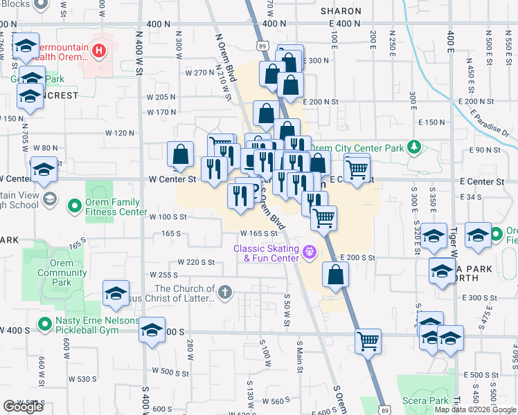 map of restaurants, bars, coffee shops, grocery stores, and more near 51 Center Street in Orem