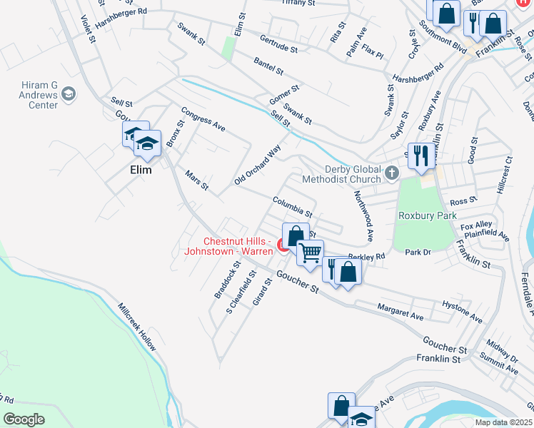 map of restaurants, bars, coffee shops, grocery stores, and more near 380 Braddock St in Johnstown