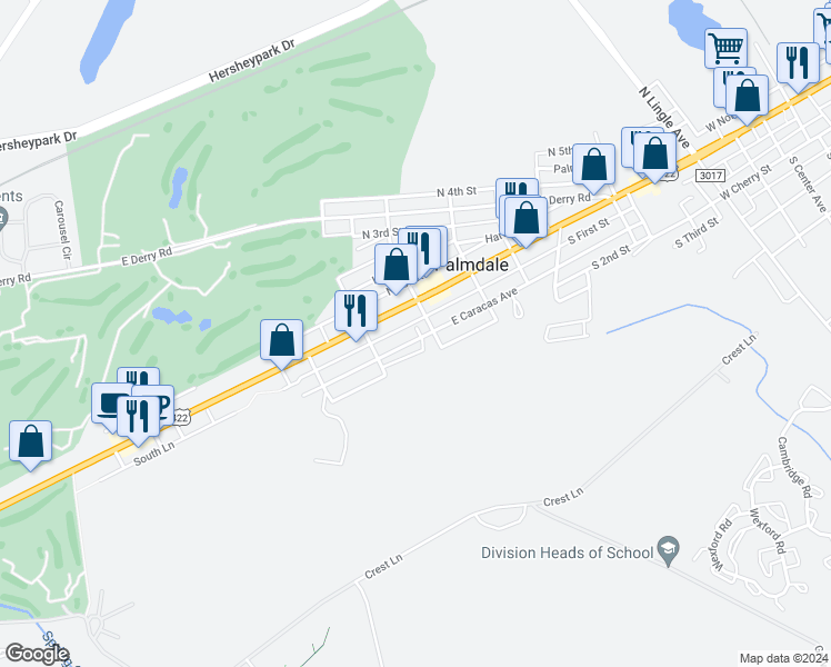 map of restaurants, bars, coffee shops, grocery stores, and more near 1249 East Caracas Avenue in Hershey