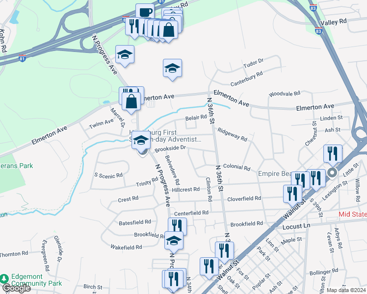 map of restaurants, bars, coffee shops, grocery stores, and more near 3413 Brookside Drive in Harrisburg