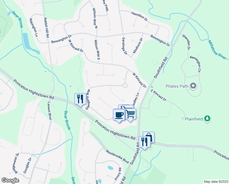 map of restaurants, bars, coffee shops, grocery stores, and more near 5 Rowanberry Court in West Windsor Township
