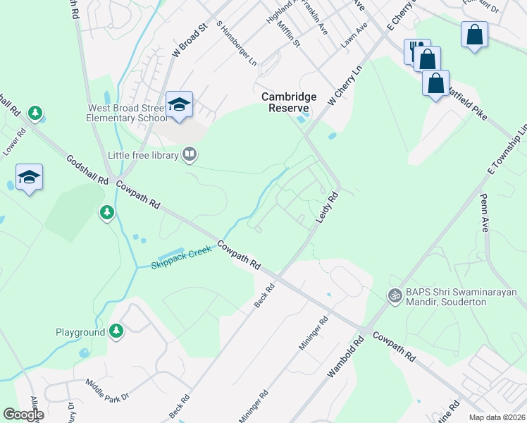 map of restaurants, bars, coffee shops, grocery stores, and more near 373 Brittany Court in Souderton