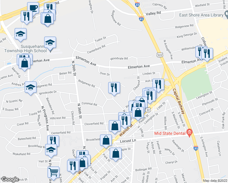 map of restaurants, bars, coffee shops, grocery stores, and more near 305 North 39th Street in Harrisburg