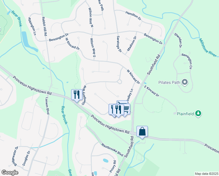 map of restaurants, bars, coffee shops, grocery stores, and more near 5 Rowanberry Court in West Windsor Township