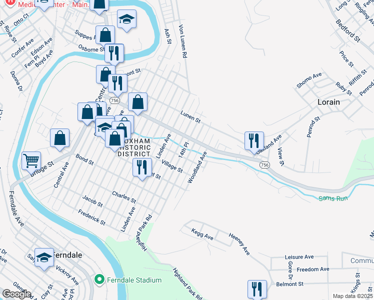 map of restaurants, bars, coffee shops, grocery stores, and more near 525 Forest Avenue in Johnstown