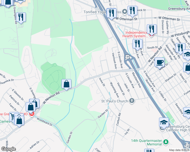 map of restaurants, bars, coffee shops, grocery stores, and more near 4767 Pennsylvania 136 in Greensburg