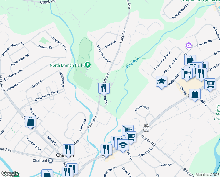 map of restaurants, bars, coffee shops, grocery stores, and more near 226 Forest Park Drive in Chalfont
