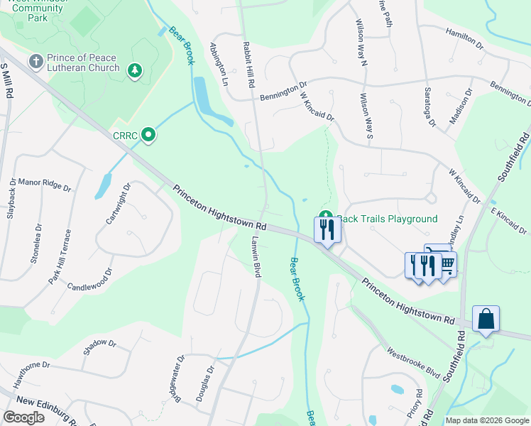 map of restaurants, bars, coffee shops, grocery stores, and more near 265 Princeton Hightstown Road in West Windsor Township