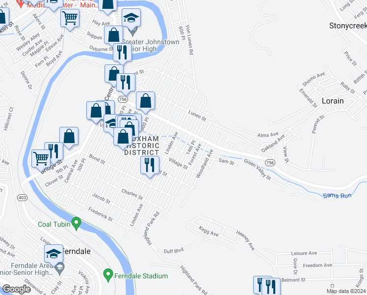 map of restaurants, bars, coffee shops, grocery stores, and more near 536 Russell Avenue in Johnstown