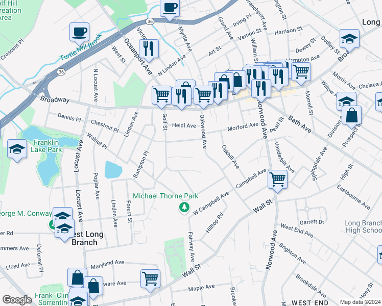 map of restaurants, bars, coffee shops, grocery stores, and more near 9 Primrose Lane in West Long Branch