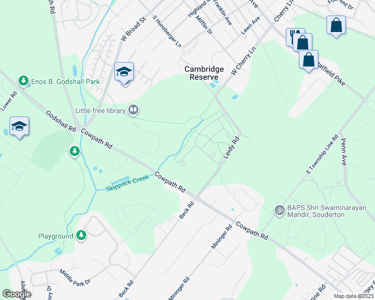 map of restaurants, bars, coffee shops, grocery stores, and more near 375 Brittany Court in Souderton