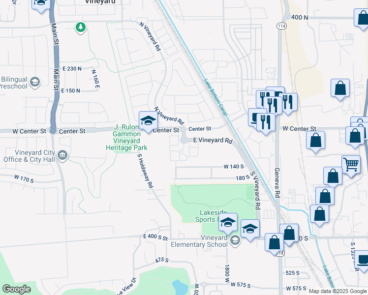 map of restaurants, bars, coffee shops, grocery stores, and more near South Cortona Lane in Vineyard