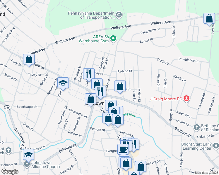 map of restaurants, bars, coffee shops, grocery stores, and more near 202 Nees Avenue in Johnstown