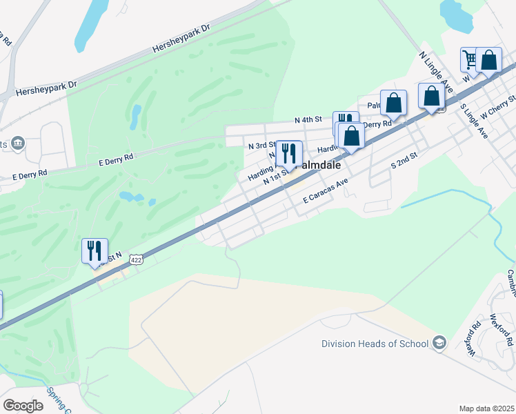 map of restaurants, bars, coffee shops, grocery stores, and more near 1206 East Chocolate Avenue in Hershey