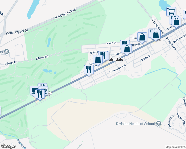 map of restaurants, bars, coffee shops, grocery stores, and more near 1206 East Chocolate Avenue in Hershey