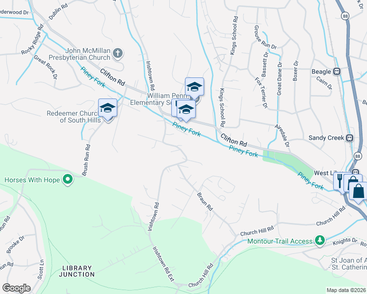 map of restaurants, bars, coffee shops, grocery stores, and more near 6221 Irishtown Road in Bethel Park