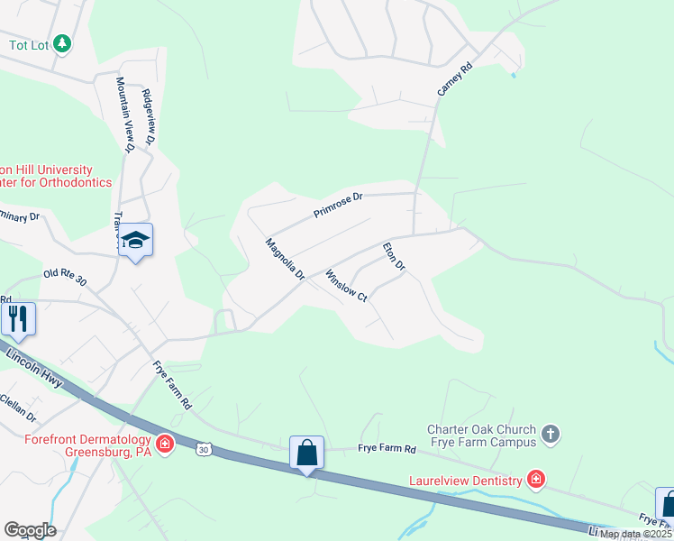 map of restaurants, bars, coffee shops, grocery stores, and more near 103 Winslow Court in Greensburg