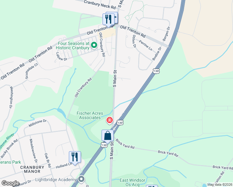 map of restaurants, bars, coffee shops, grocery stores, and more near 100 South Main Street in Cranbury