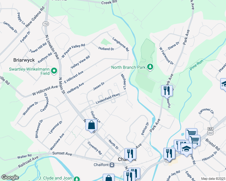 map of restaurants, bars, coffee shops, grocery stores, and more near 69 Sherri Drive in Chalfont