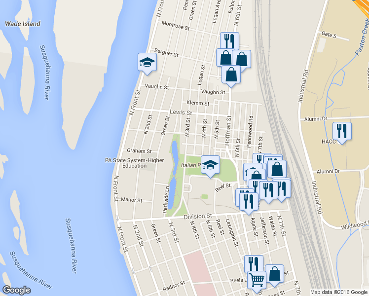 map of restaurants, bars, coffee shops, grocery stores, and more near 3008 North 3rd Street in Harrisburg