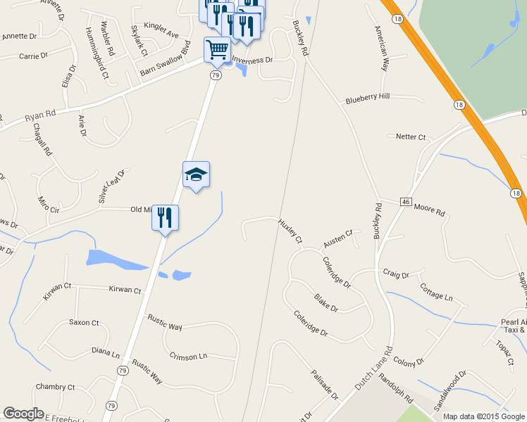 map of restaurants, bars, coffee shops, grocery stores, and more near 8 Huxley Court in Marlboro Township