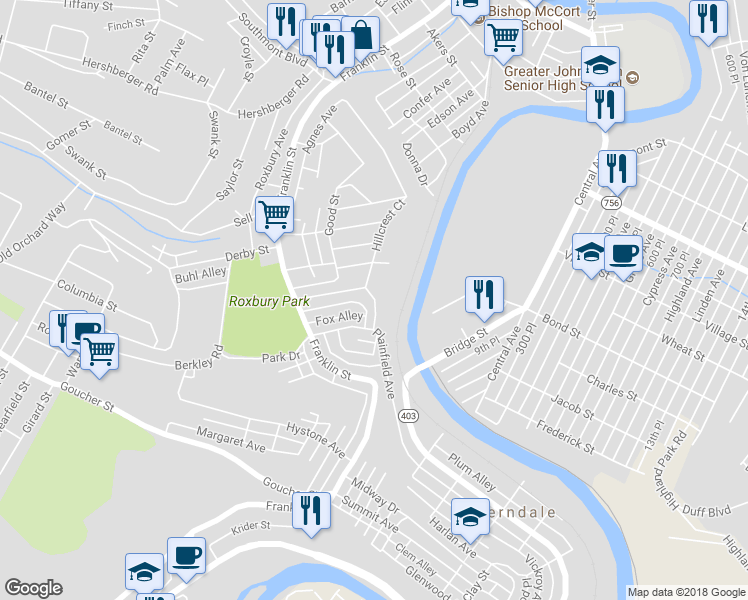 map of restaurants, bars, coffee shops, grocery stores, and more near 1498 Hillcrest Court in Johnstown