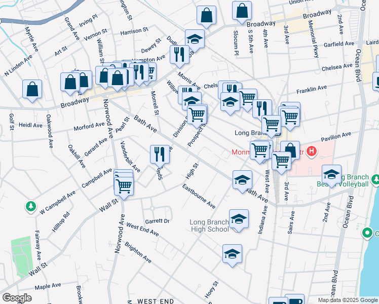 map of restaurants, bars, coffee shops, grocery stores, and more near 388 Bath Avenue in Long Branch