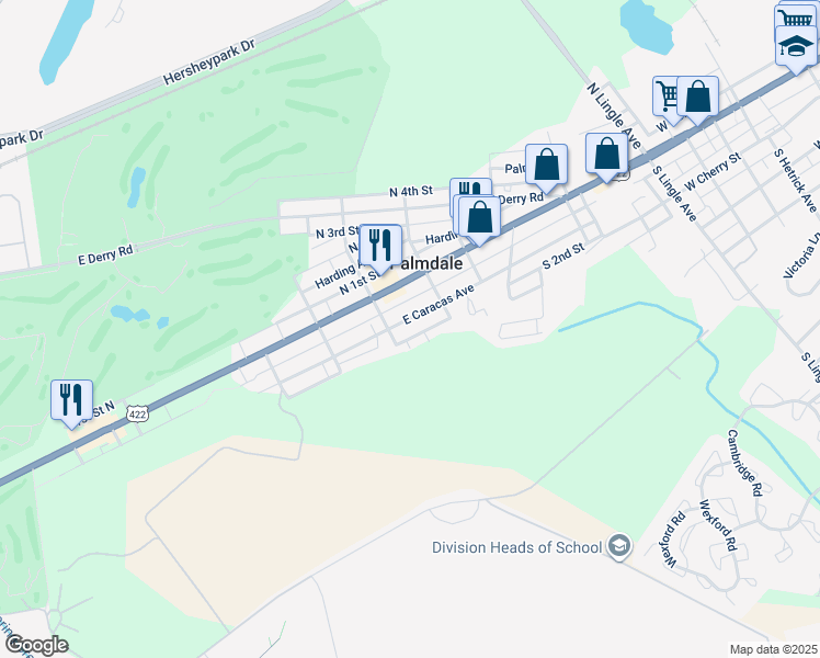 map of restaurants, bars, coffee shops, grocery stores, and more near 1350 Columbia Dr in Hershey