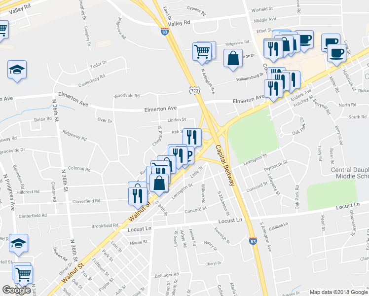 map of restaurants, bars, coffee shops, grocery stores, and more near 4004 Walnut Street in Harrisburg