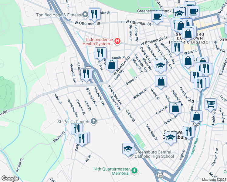 map of restaurants, bars, coffee shops, grocery stores, and more near 651 Grove Street in Greensburg