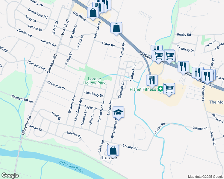 map of restaurants, bars, coffee shops, grocery stores, and more near 404 Lorane Road in Reading