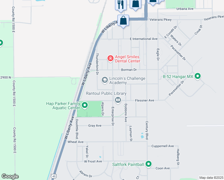 map of restaurants, bars, coffee shops, grocery stores, and more near 205 West Dodge Avenue in Rantoul