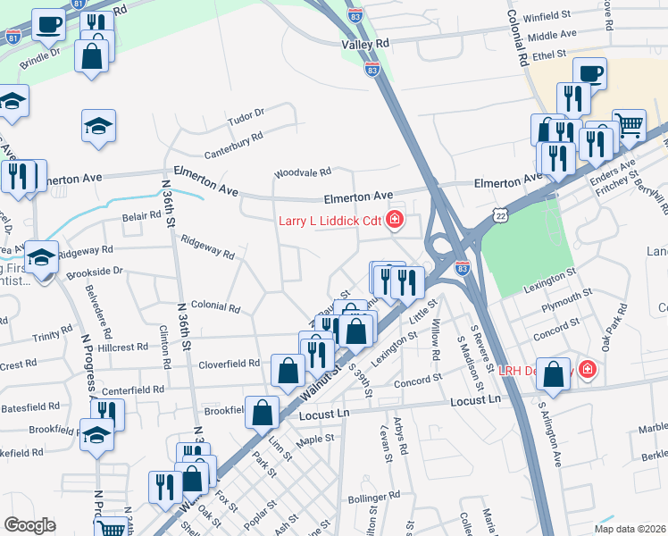 map of restaurants, bars, coffee shops, grocery stores, and more near 3952 Chestnut St in Harrisburg